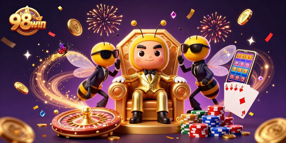 Experience thrilling games at 98win, featuring vibrant scenes of casino action with layered visual effects.