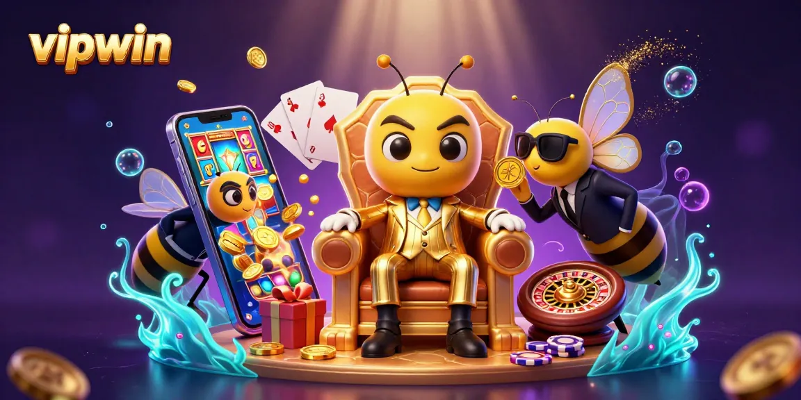 Experience exciting gaming at vipwin with dynamic scenes of slots, cards, and playful characters.