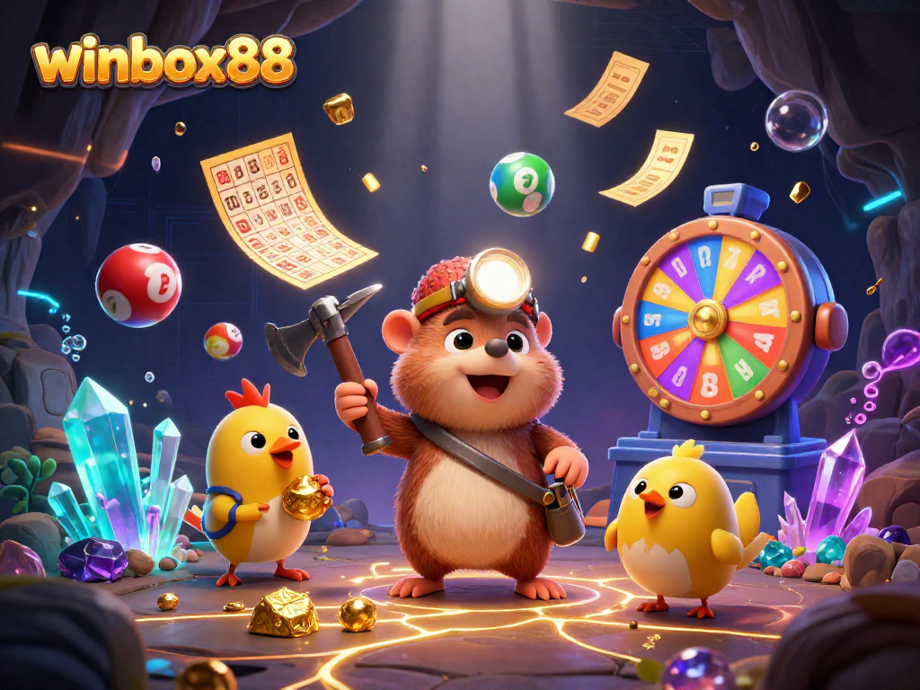 Winbox88 treasure hunter mole explores a vibrant cave of riches with lottery elements.