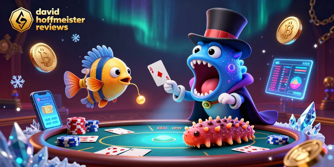 Engage with david hoffmeister reviews as a playful gulper eel showcases poker tricks, surrounded by floating crypto coins.