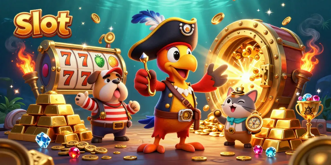 Spin the slot machines for treasure with our pirate crew in vibrant 3D illustration.