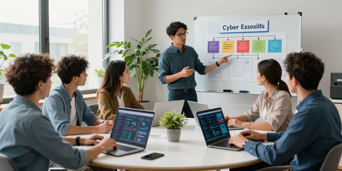 Cyber essentials quote illustrated by a cybersecurity team collaborating in a modern office setting.