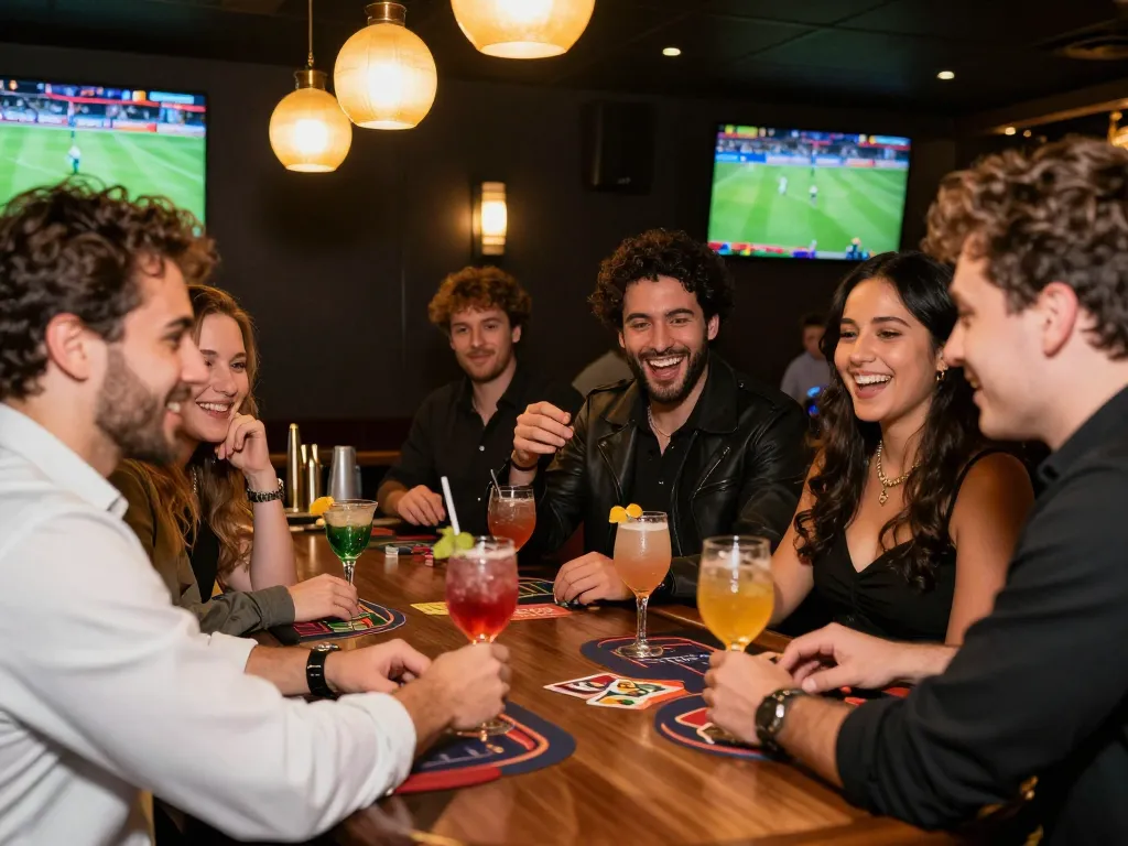 Gathering of friends celebrating a sports betting win at a bar while engaging with TOPBET app