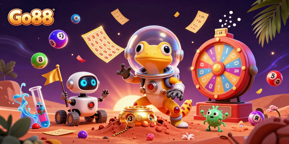Experience the thrill of Go88 as the cartoon Martian gecko ventures into a golden casino, surrounded by exciting lottery elements.