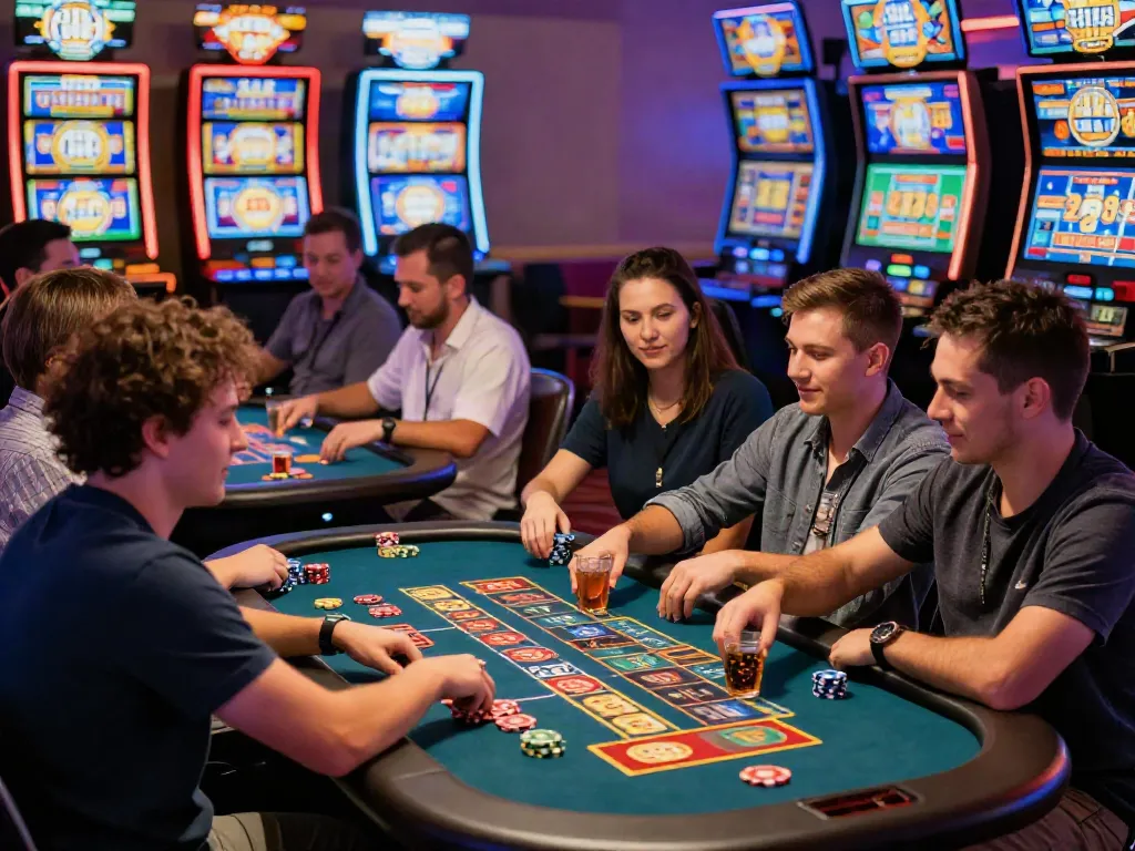 Exciting casino scene showcasing players engaging in Casino Gratuit games, celebrating wins, and enjoying the lively atmosphere.