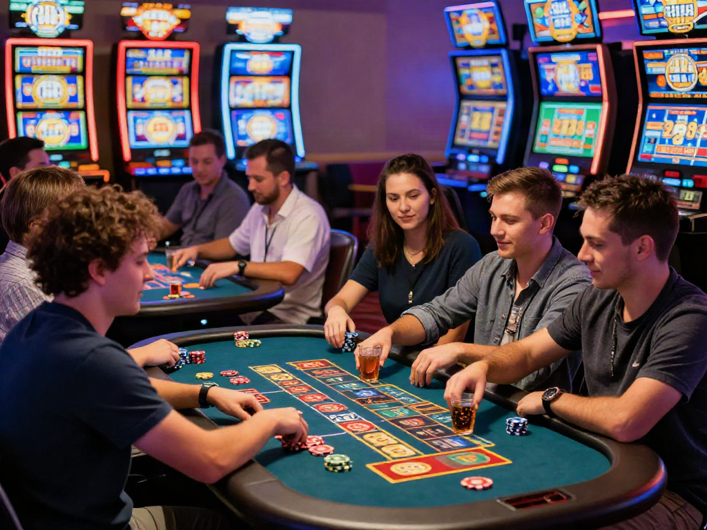 Exciting casino scene showcasing players engaging in Casino Gratuit games, celebrating wins, and enjoying the lively atmosphere.