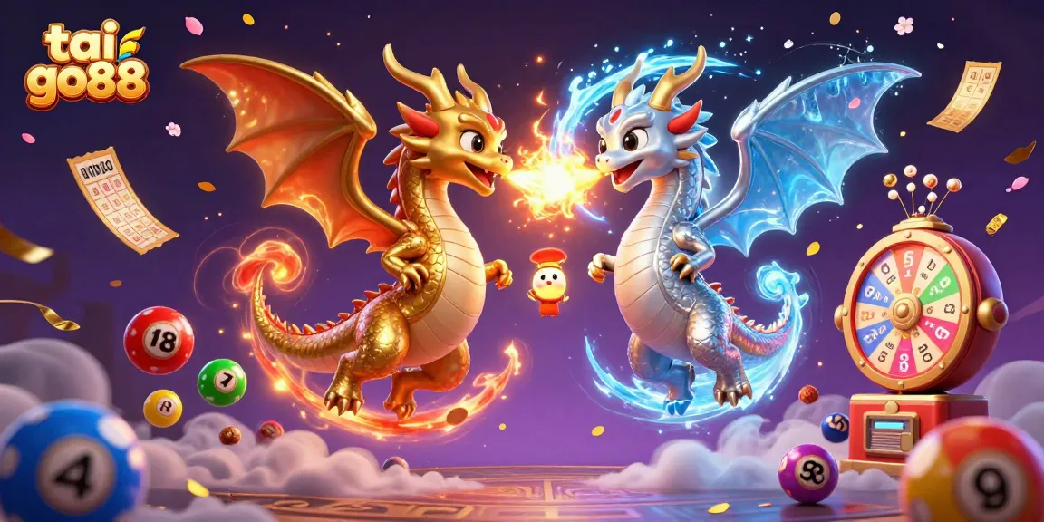 Experience thrilling wins with tai go88 in this vibrant 3D illustration of dragons and lottery elements.
