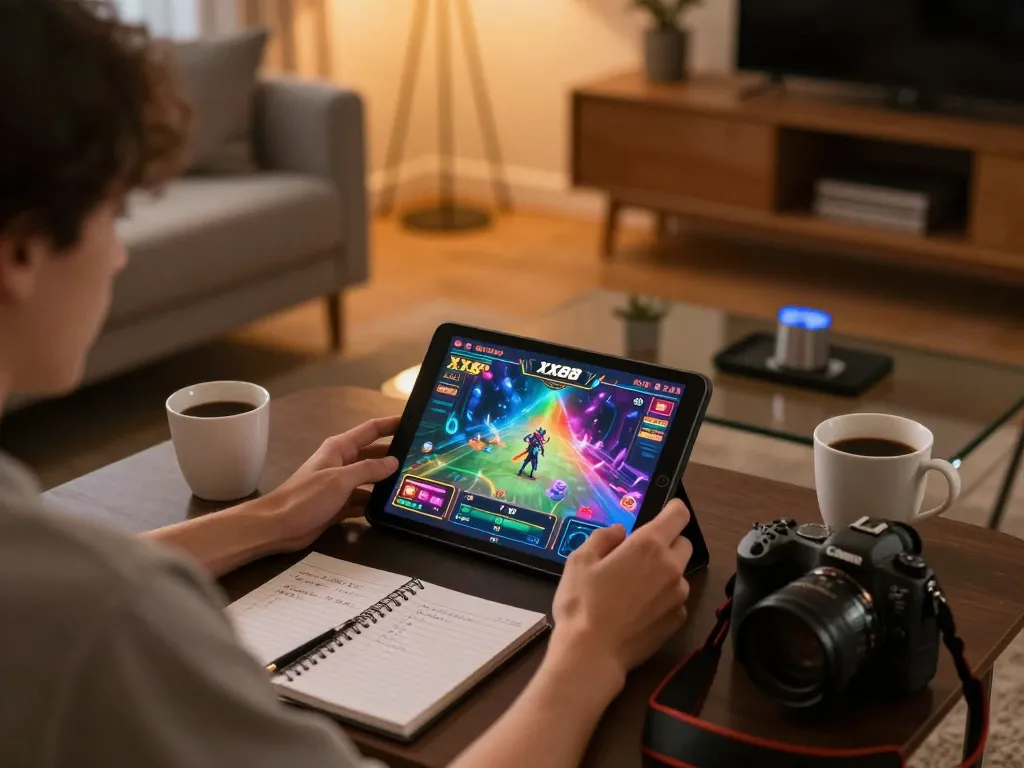 Engaging scene of a user playing XX88 game on a tablet, showcasing cozy gaming environment and strategic betting.
