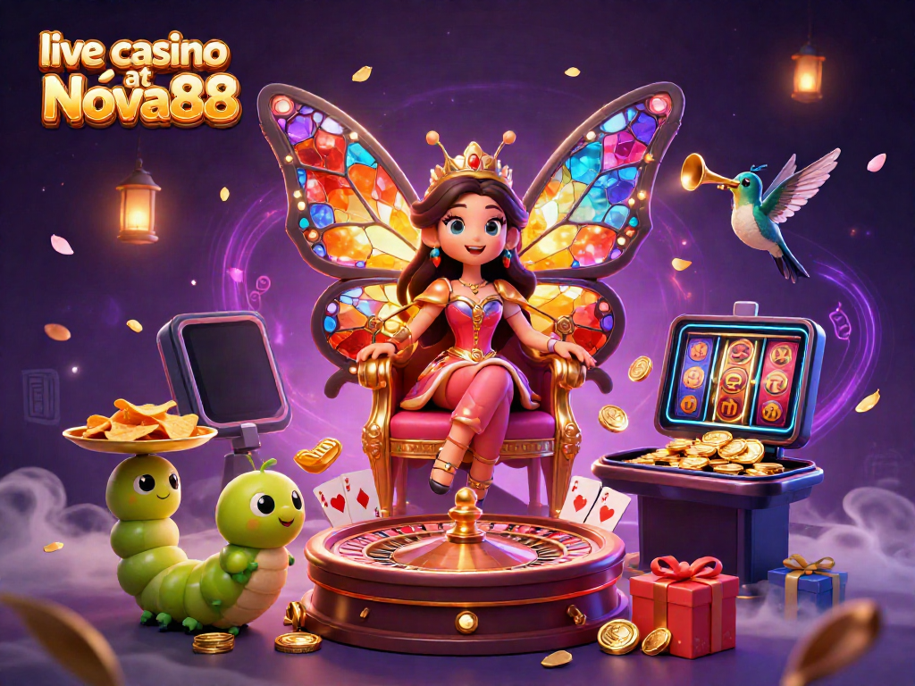 Experience vibrant live casino at Nova88 with baccarat, roulette, and playful characters.