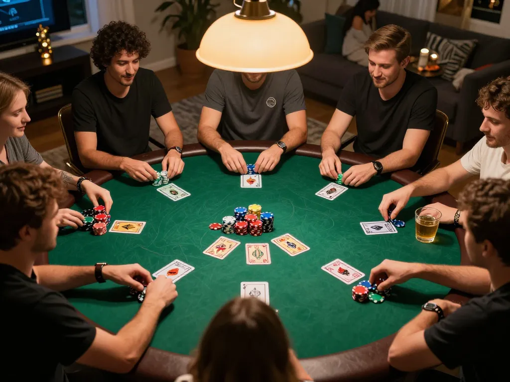 Spieler nehmen an einem aufregenden Pokerspiel teil, während Immobilienmakler Frankfurt Ginnheim lebendige soziale Interaktion und Strategie präsentiert