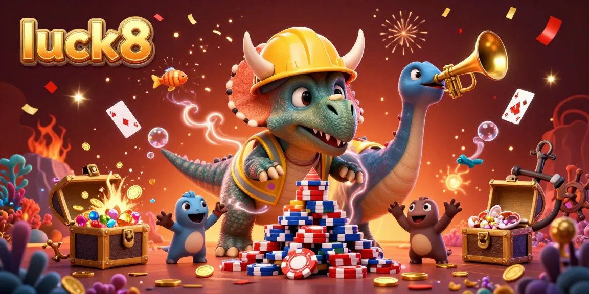 Luck8 brings excitement to gaming with a vibrant 3D cartoon scene featuring playful dinosaurs joyfully building a poker chip pyramid.