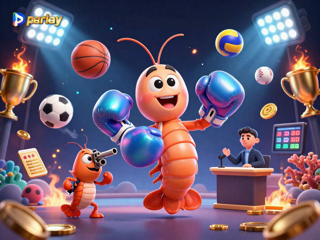 Engage in parlay betting with a vibrant scene featuring animated aquatic characters and dynamic sports elements.