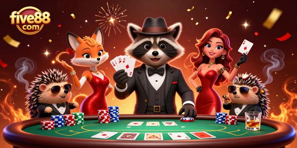 Experience exciting poker action at five88 com with charming characters in vibrant 3D casino scene.