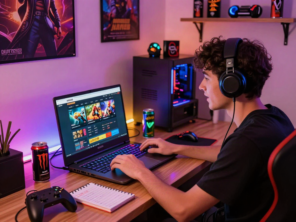 Engaged gamer on laptop navigating https://man88pro.com/ in a vibrant gaming setup with LED lights.