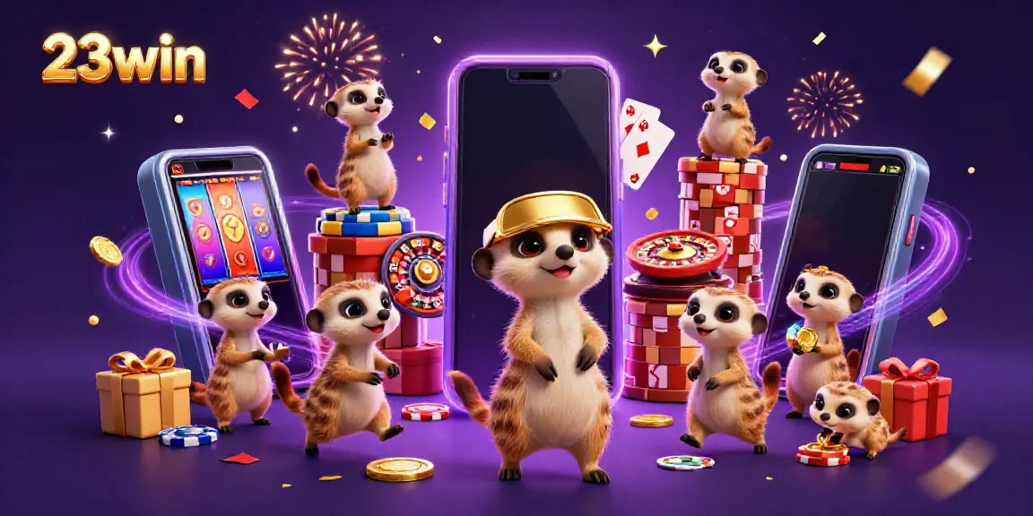 Experience 23win's thrilling casino atmosphere with lively meerkats managing games and celebrating
