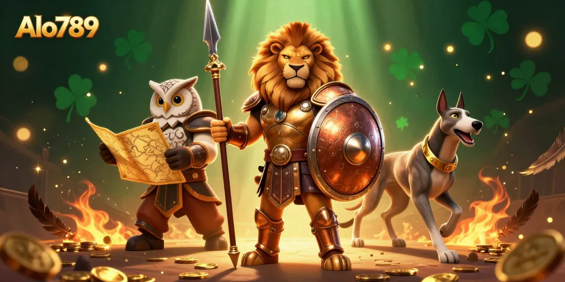 Alo789 features an epic 3D illustration showcasing a Spartan lion, wise owl strategist, and swift greyhound in an exhilarating cockfighting arena.