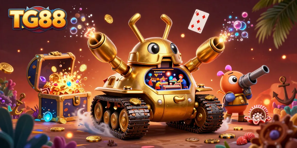 Join the excitement of TG88 with a vibrant 3D illustration showcasing a golden beetle tank casino.