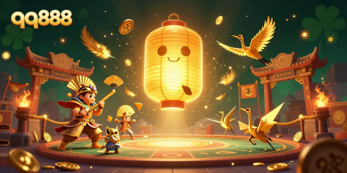 Capture the excitement at qq888's night market casino with a glowing lantern spirit and paper fan warriors.