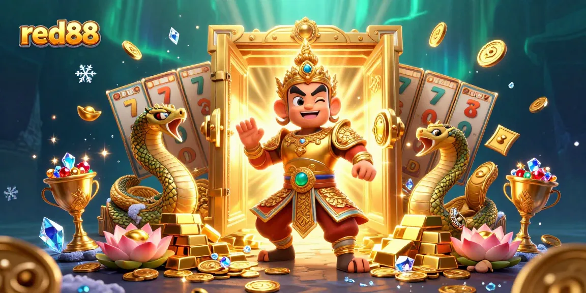 Engage with red88's vibrant 3D casino scene featuring a Thai guardian amidst riches and dynamic slot elements.
