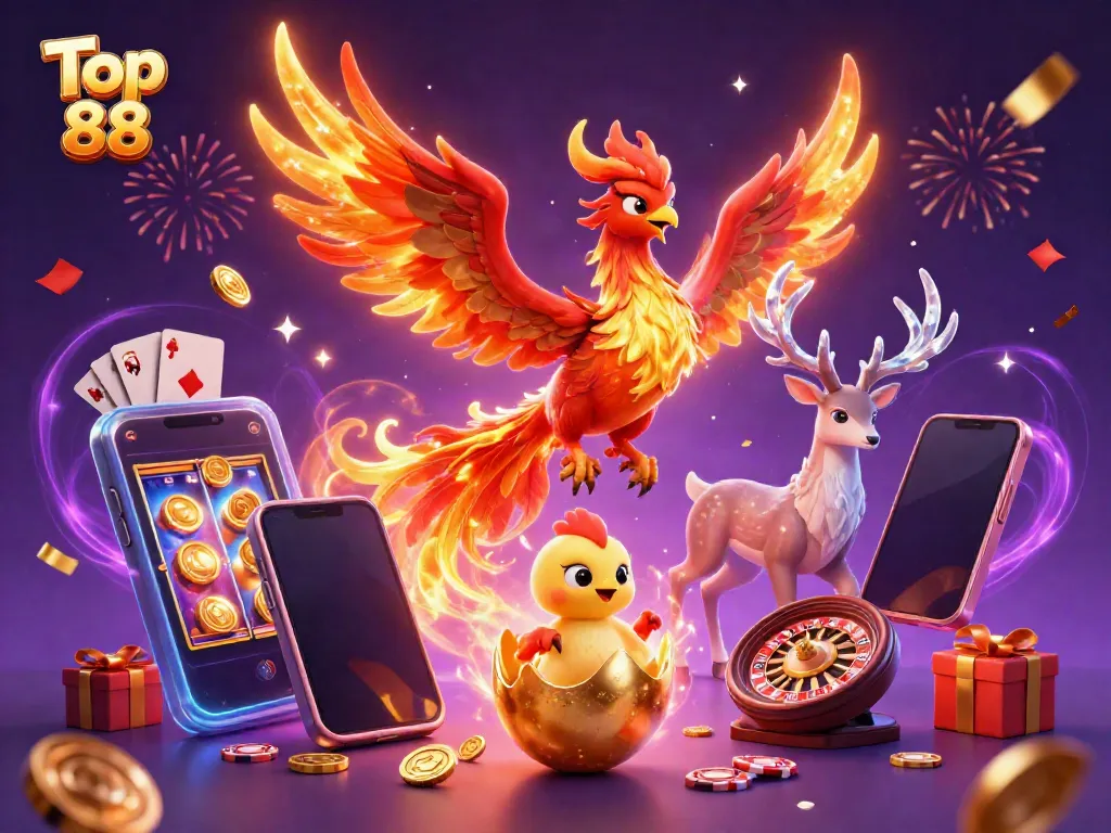 Engage with Top 88 as a fire phoenix soars, immersive slots surround with shining gold coins.