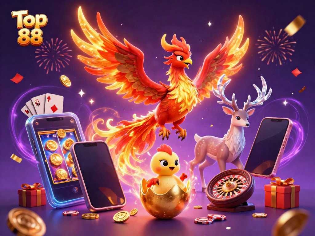 Engage with Top 88 as a fire phoenix soars, immersive slots surround with shining gold coins.
