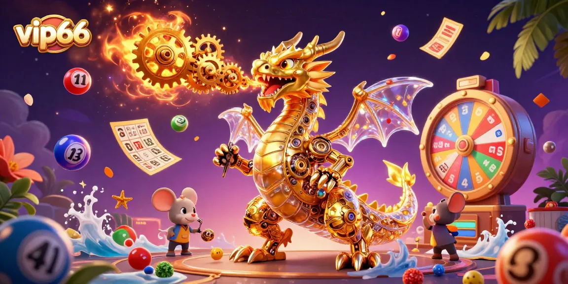 Experience thrilling wins at vip66 with a vibrant 3D illustration featuring a golden dragon and exciting casino elements
