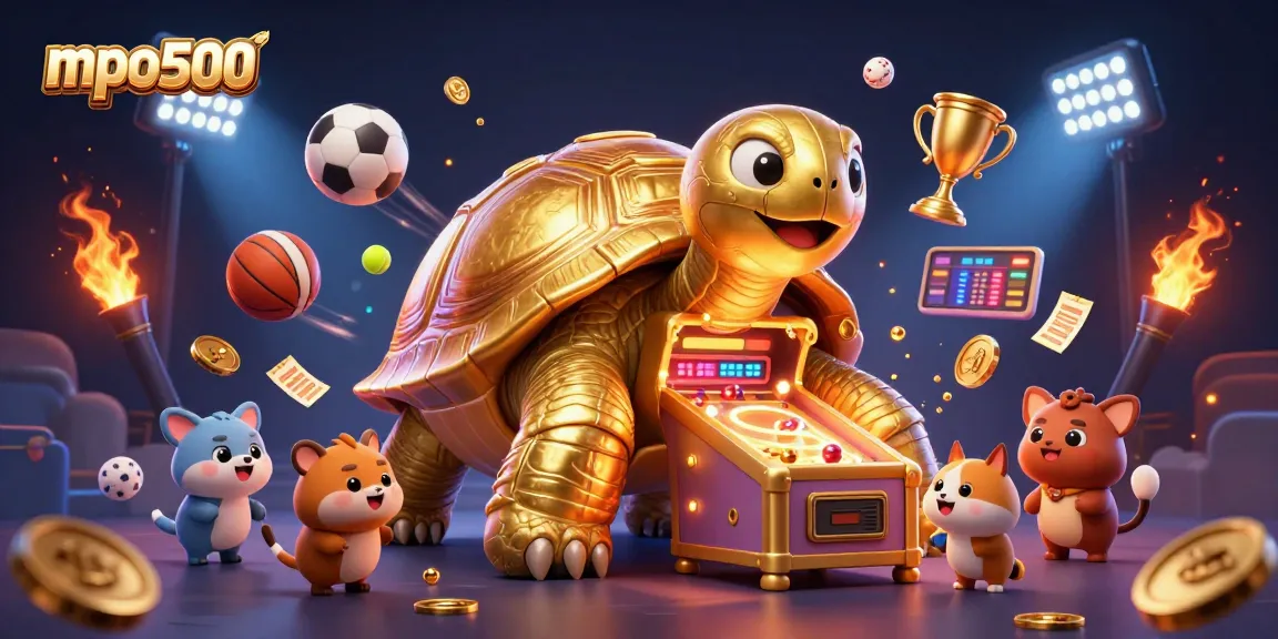 Experience exciting gameplay with mpo500's colossal tortoise pinball machine featured in a dynamic casino scene.