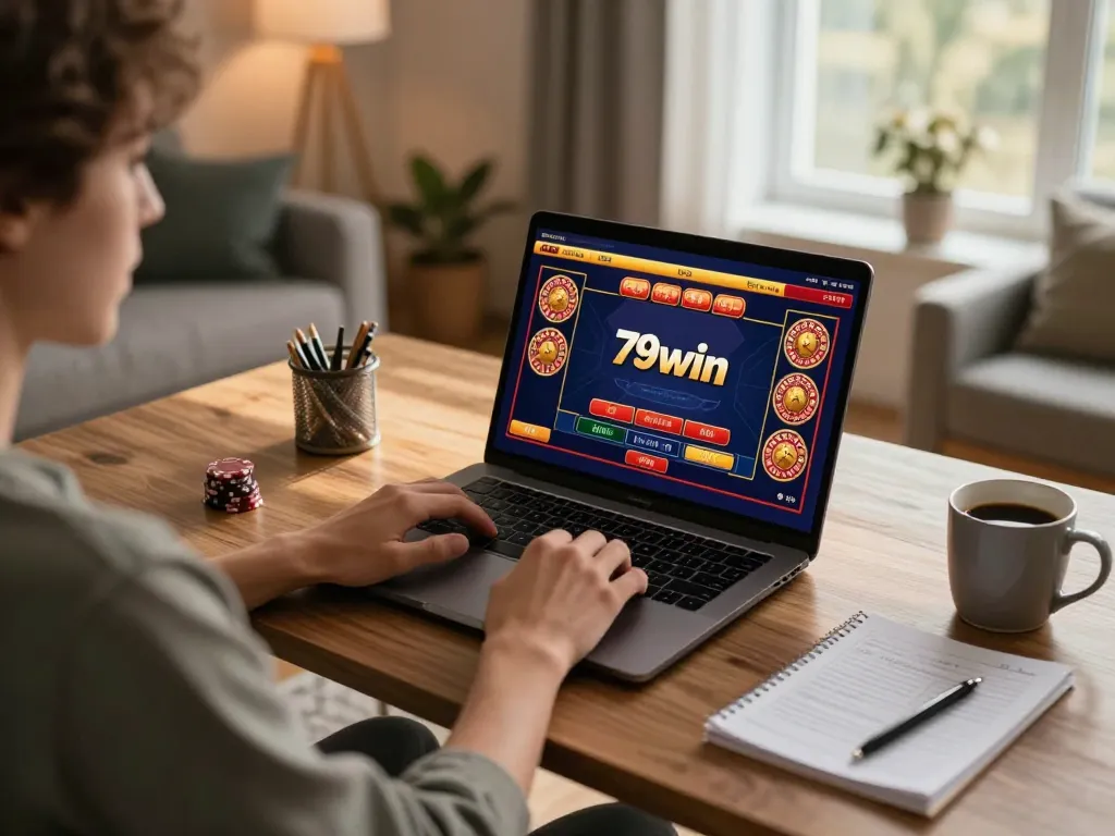 Engaged player using 79win for an online casino game at home, showcasing strategic gameplay.