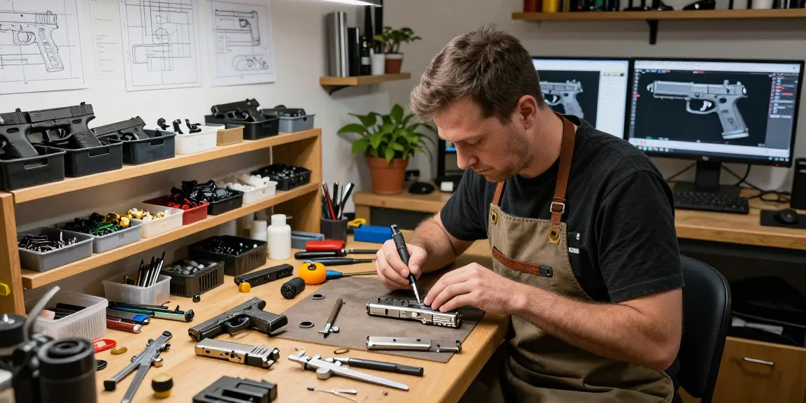 High-quality Glock customization at https://precisionglockslides.com with skilled gunsmith at work.