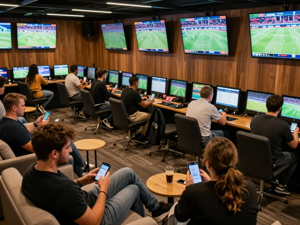 Scène captivante de paris sportifs axée sur le virement instantané avec des parieurs enthousiastes utilisant des appareils mobiles