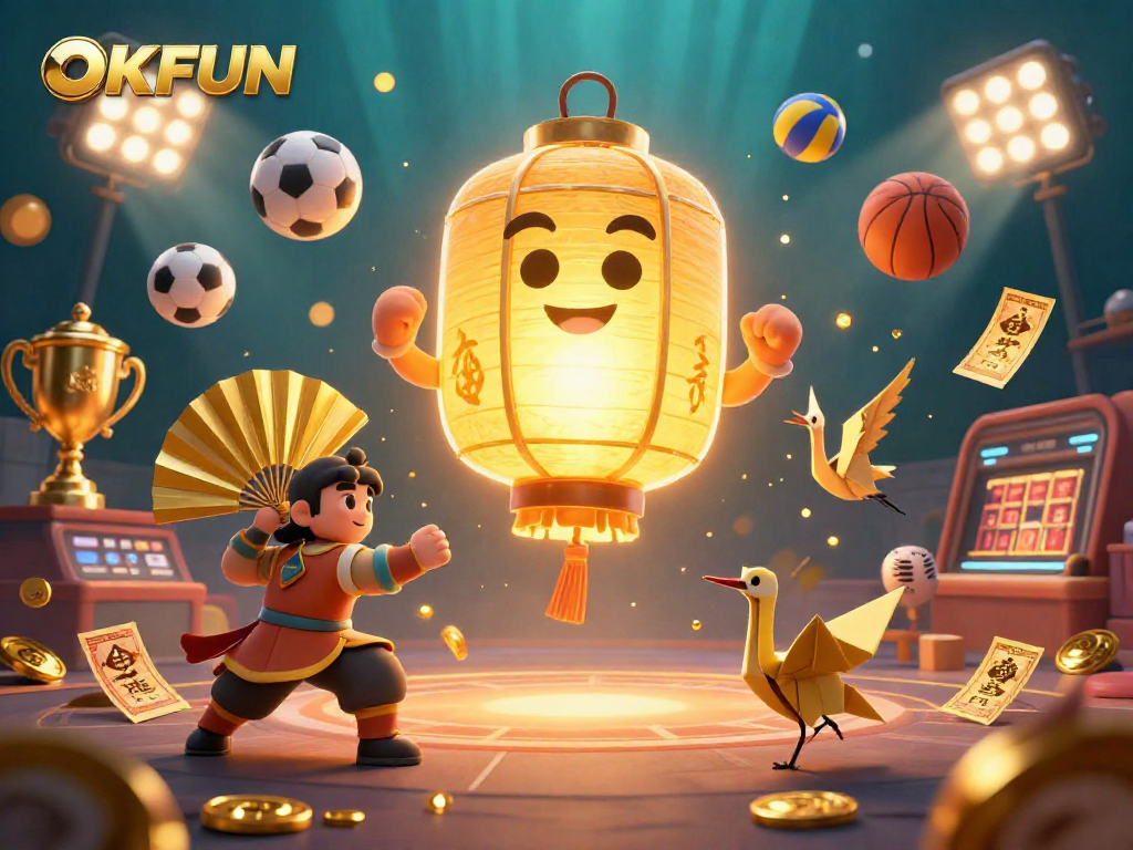 Experience the excitement of OKFUN with vibrant 3D characters and energetic gaming elements in a dynamic casino scene.