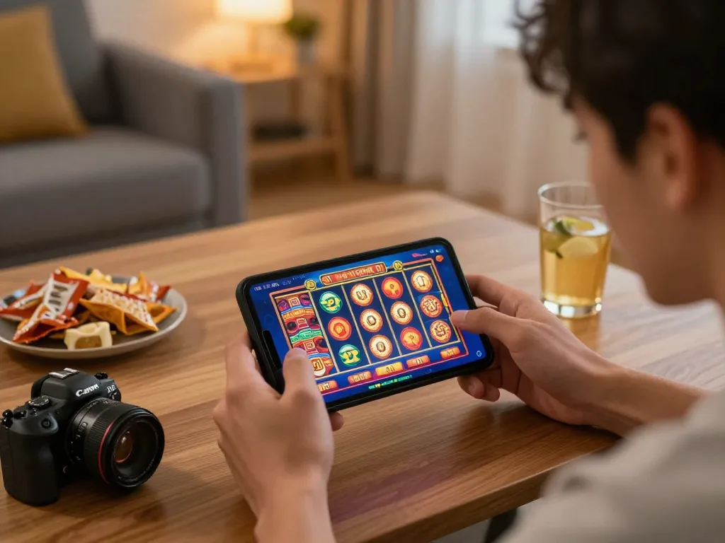 Séance engageante de casino en ligne avec casino en ligne retrait rapide sur smartphone, ambiance chaleureuse à la maison.