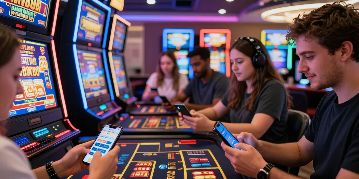 Engaging atmosphere at credit card casinos UK with players making deposits on smartphones and vibrant slot machines.