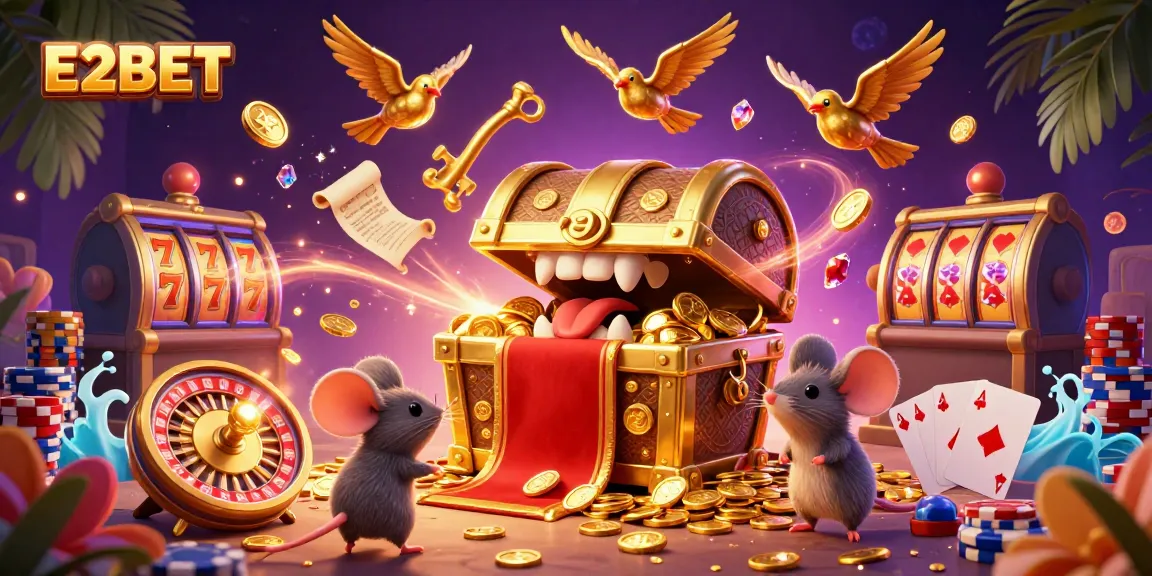 E2BET captivates players with a vibrant 3D scene of treasure chests, sparkling coins, and lively gaming elements.
