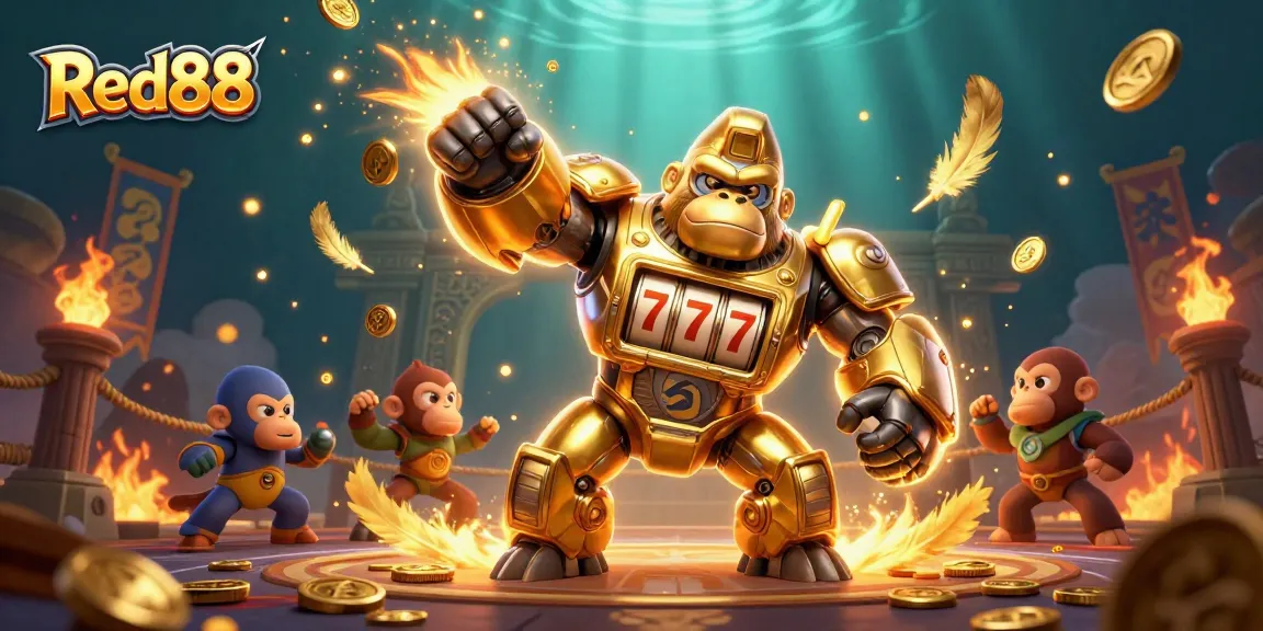 Experience thrilling wins at Red88 with an action-packed illustration featuring a golden gorilla mech.