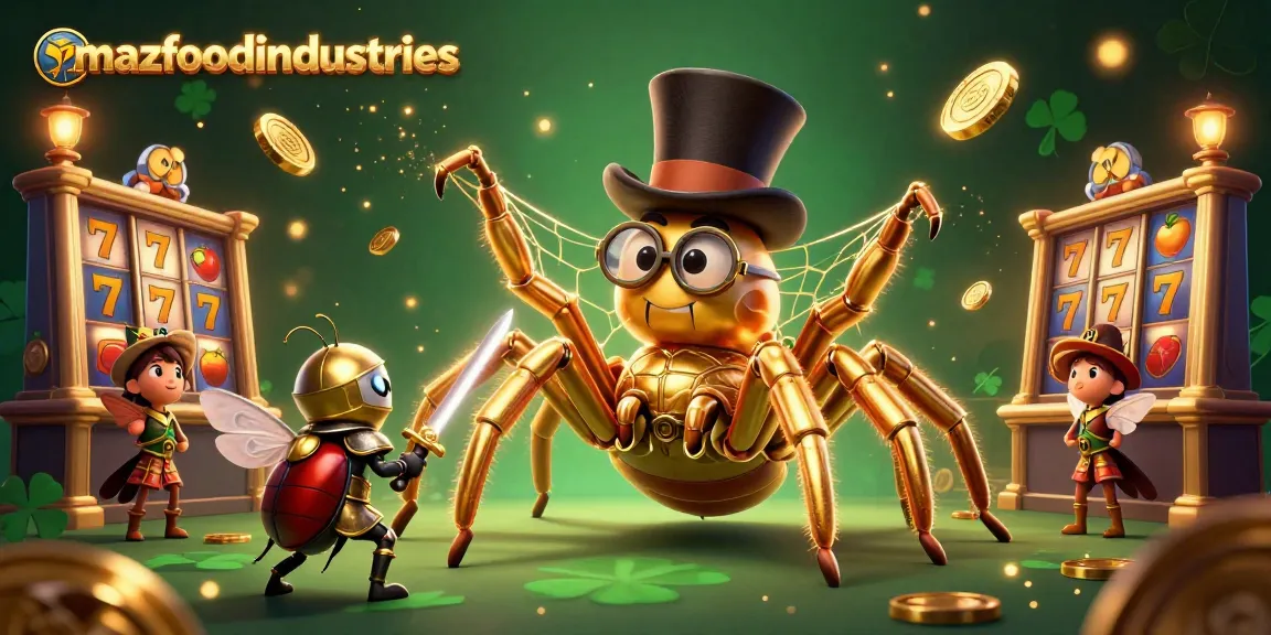 Engage with excitement at mazfoodindustries featuring a golden tarantula and beetle knight in a lively casino scene.