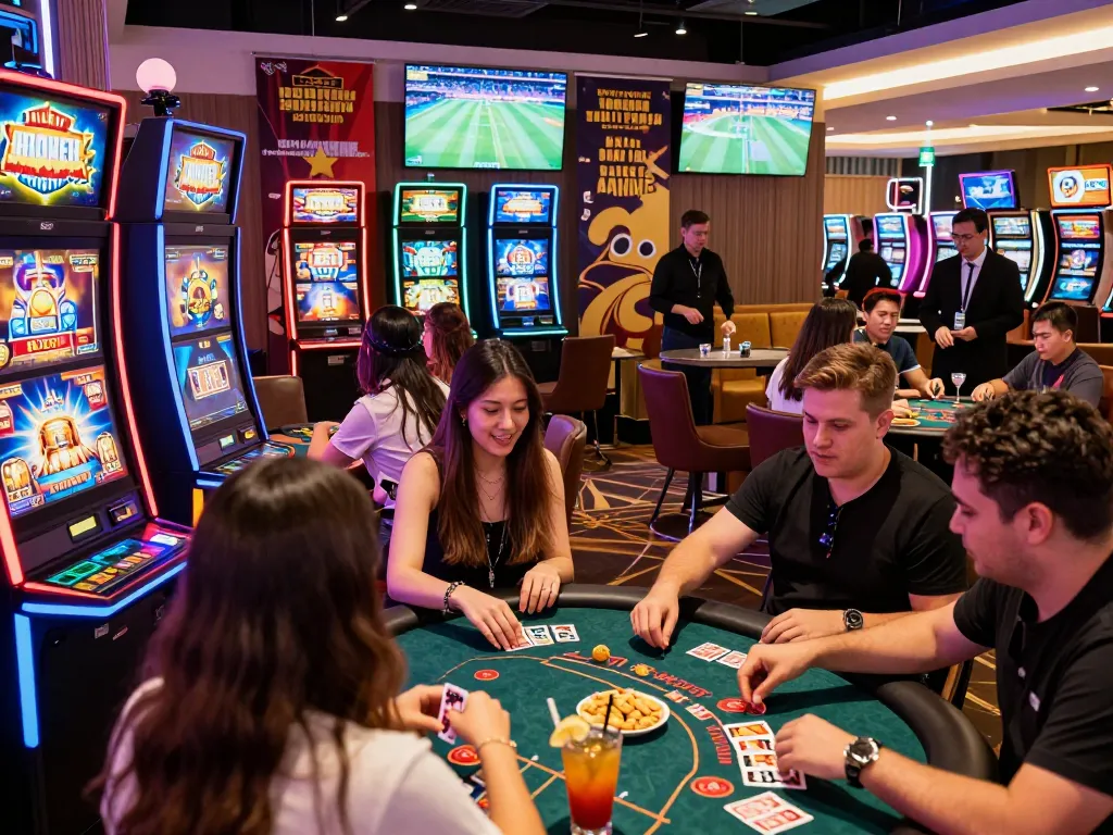 A thrilling casino scene showcasing friends enjoying MM88 games with vibrant lighting and cocktails.