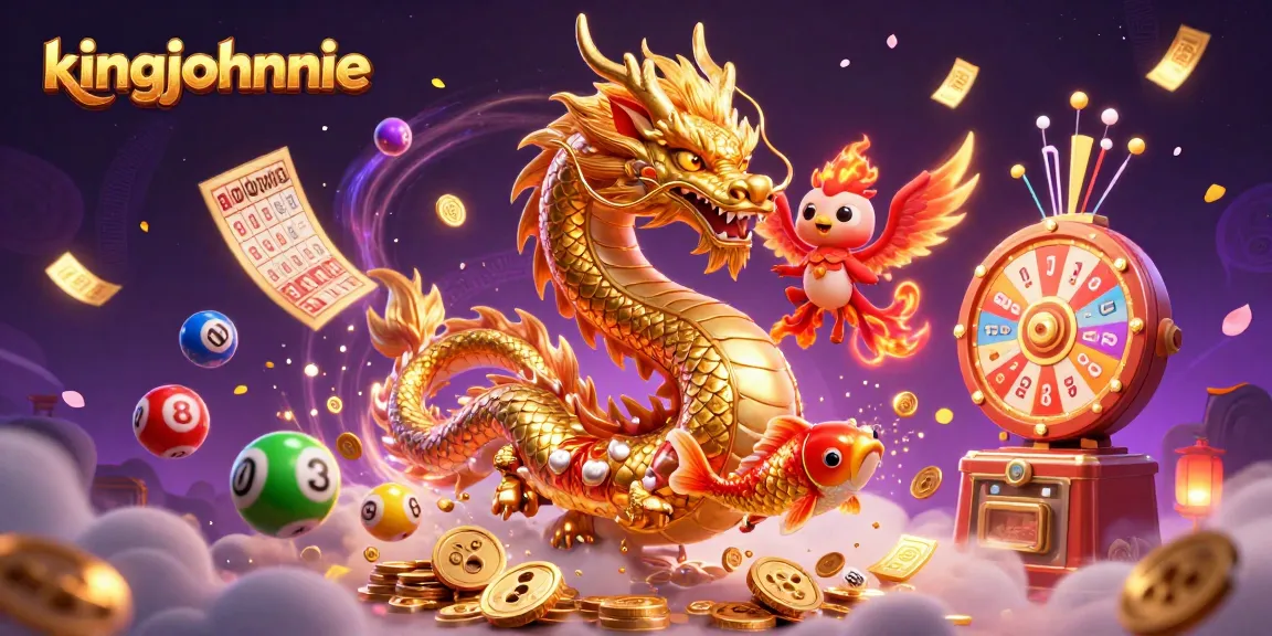 Engage with kingjohnnie's thrilling casino scene featuring mythical creatures, vibrant lottery elements, and dynamic golden symbols.