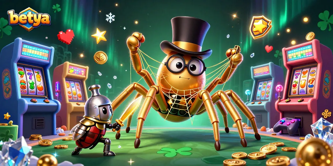 Engage with the thrilling betya casino illustration featuring a daring beetle knight and a golden tarantula.