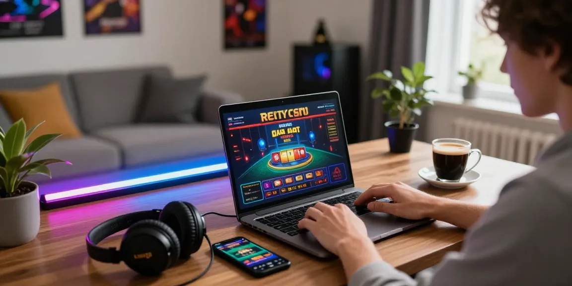 Engaged player at a credit card casino using a laptop in a cozy modern workspace with gaming decor.