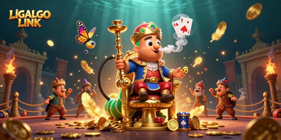 LIGALGO LINK showcases a vibrant casino scene featuring animated characters, poker symbols, and swirling golden effects.