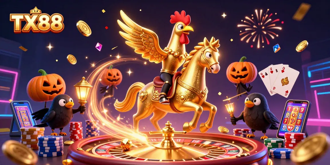 TX88 casino adventure with a golden rooster character amidst vibrant gaming elements.