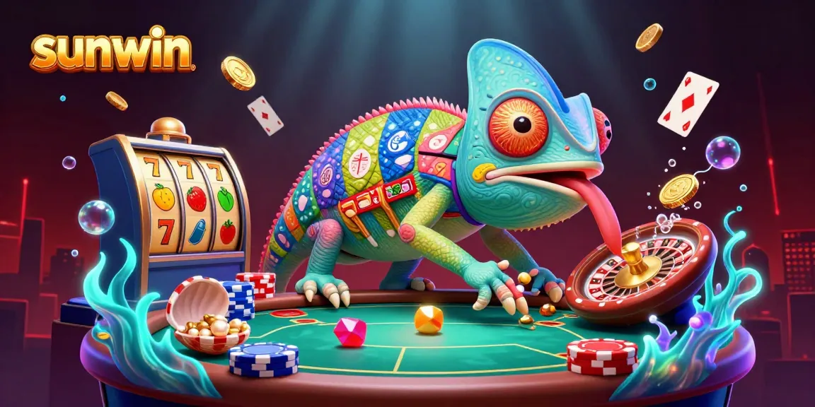 Play slots and win prizes at sunwin with a vibrant chameleon casino owner in a stunning 3D scene.