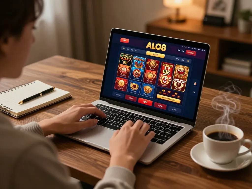 Engaging with ALO8 COM for online betting, showing laptop display of casino games amid a cozy setting