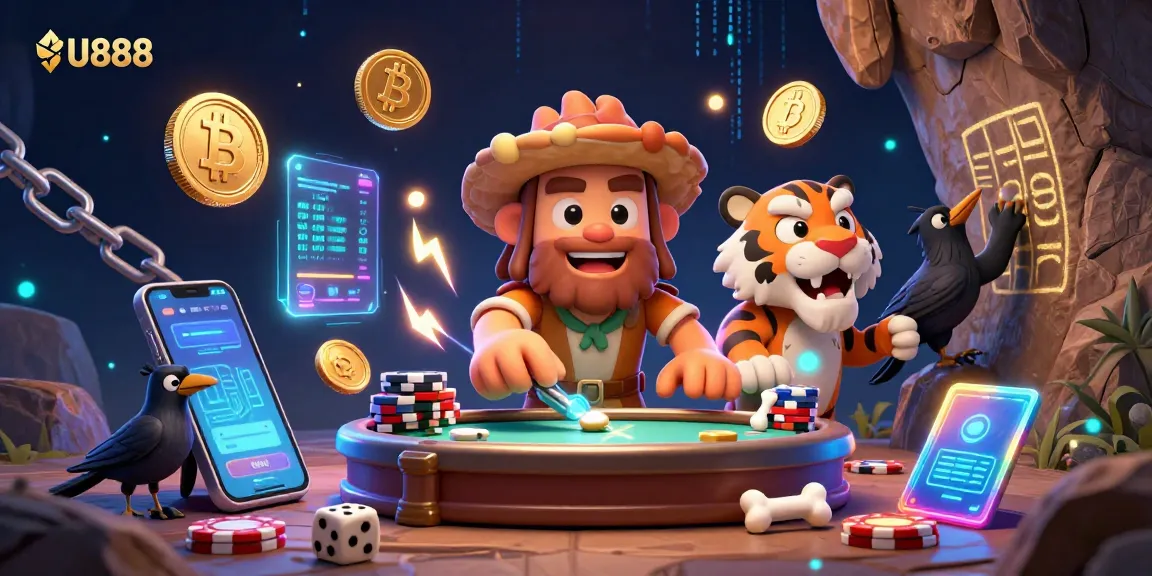 Engage with U888 in a lively prehistoric casino scene filled with vibrant graphics and crypto elements.
