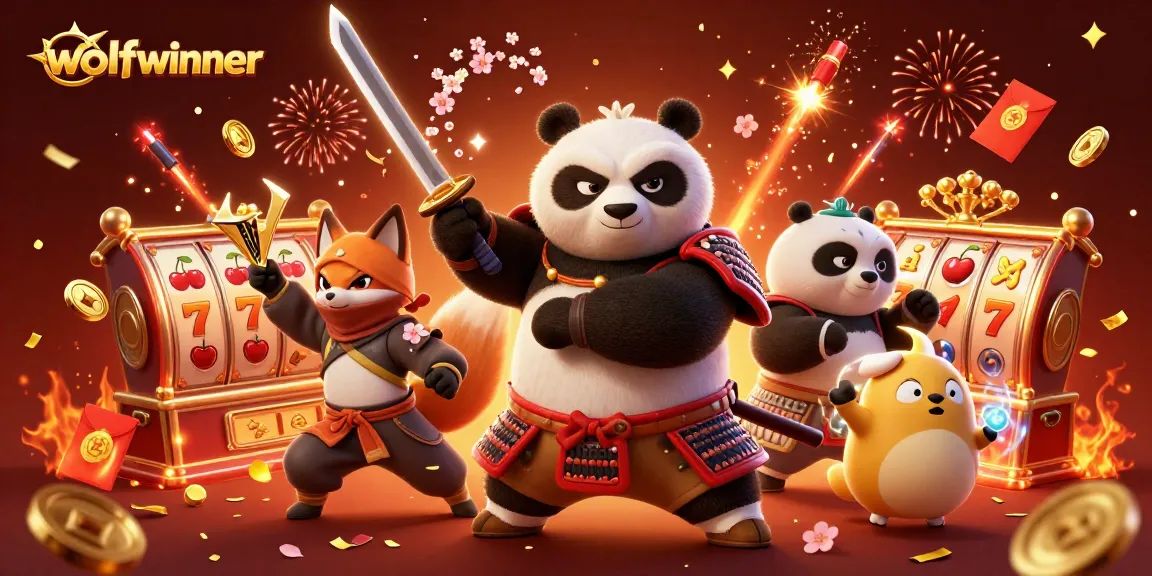 Engage with wolfwinner at this lively casino scene featuring a samurai panda, ninja fox, and magical tanuki.
