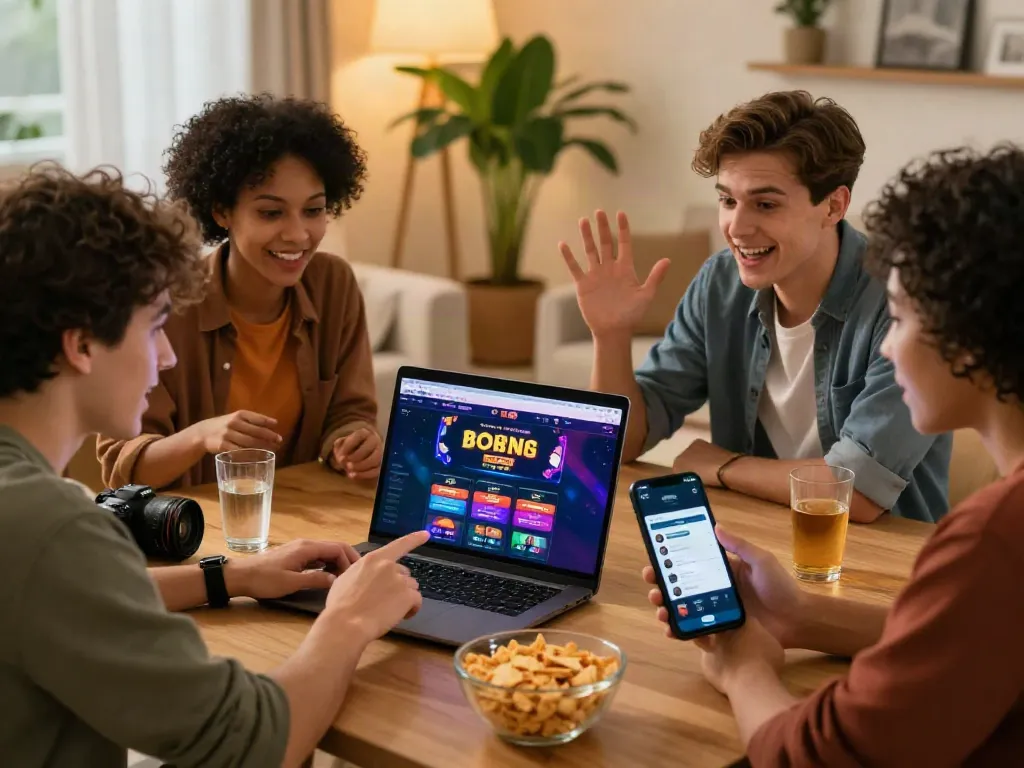 Young adults enjoying an online gaming session while exploring casino bonus sans depot offers on a laptop.