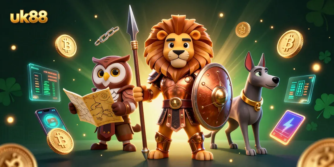 Experience the excitement of winning with UK88 in this dynamic 3D casino scene featuring characters and crypto elements.