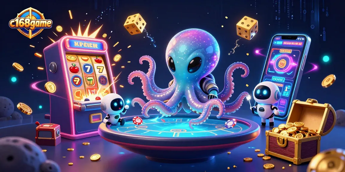 Experience gaming with c168game as an alien octopus operates a neon-laden poker table