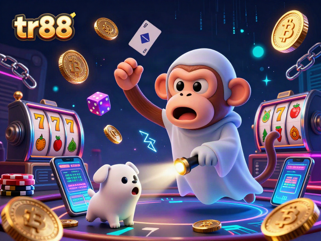 Engage with tr88 through a vibrant haunted casino scene featuring a mischievous monkey and ghost-hunter puppy.